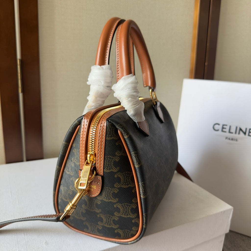 Celine Mini Boston Bag in Triomphe Canvas with Tan Leather Trim and Gold Hardware