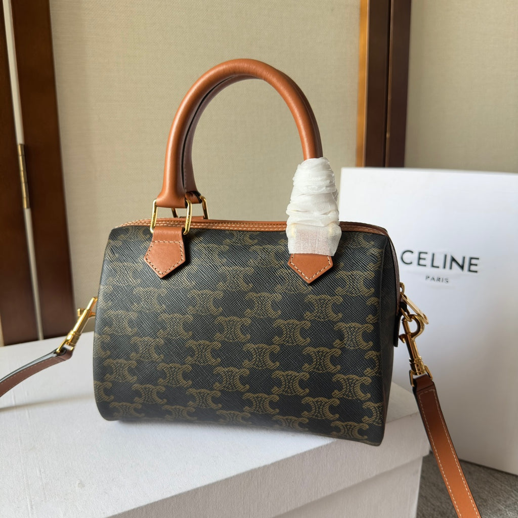 Celine Mini Boston Bag in Triomphe Canvas with Tan Leather Trim and Gold Hardware