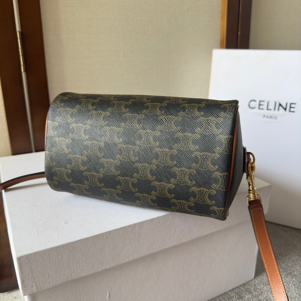 Celine Mini Boston Bag in Triomphe Canvas with Tan Leather Trim and Gold Hardware