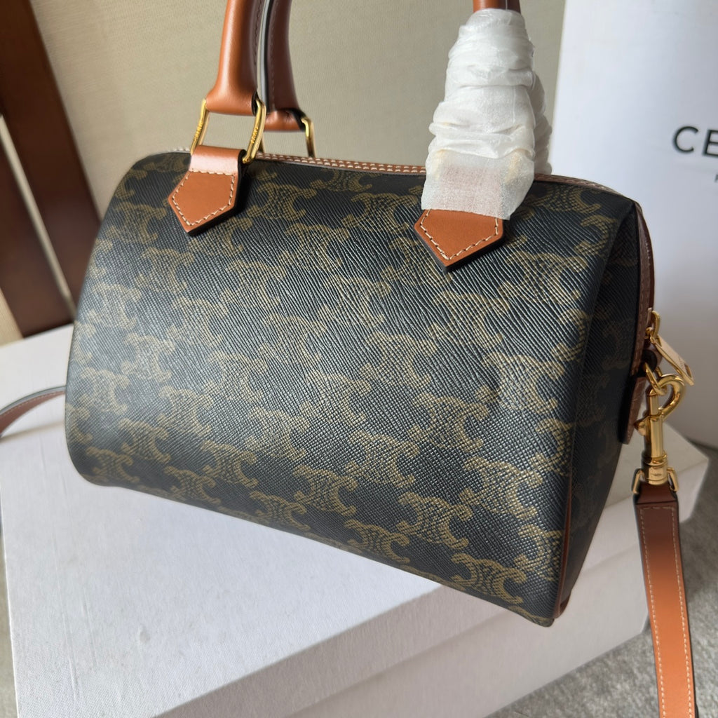 Celine Mini Boston Bag in Triomphe Canvas with Tan Leather Trim and Gold Hardware
