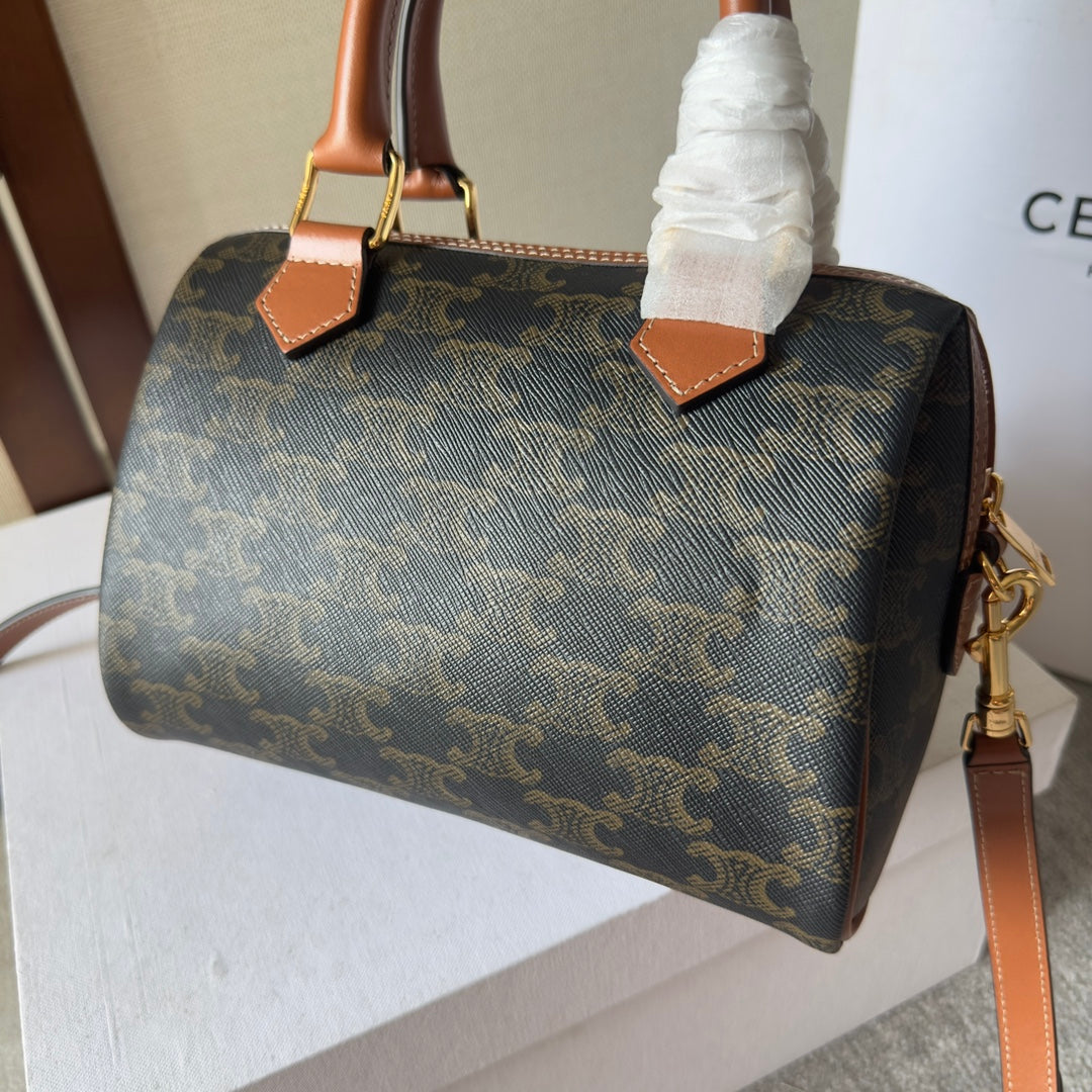 Celine Mini Boston Bag in Triomphe Canvas with Tan Leather Trim and Gold Hardware