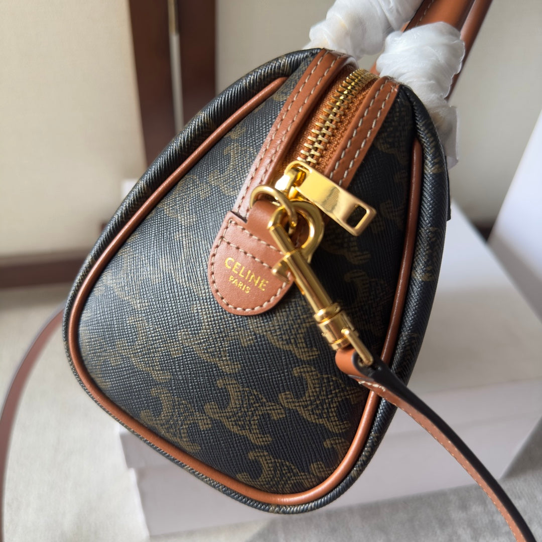 Celine Mini Boston Bag in Triomphe Canvas with Tan Leather Trim and Gold Hardware