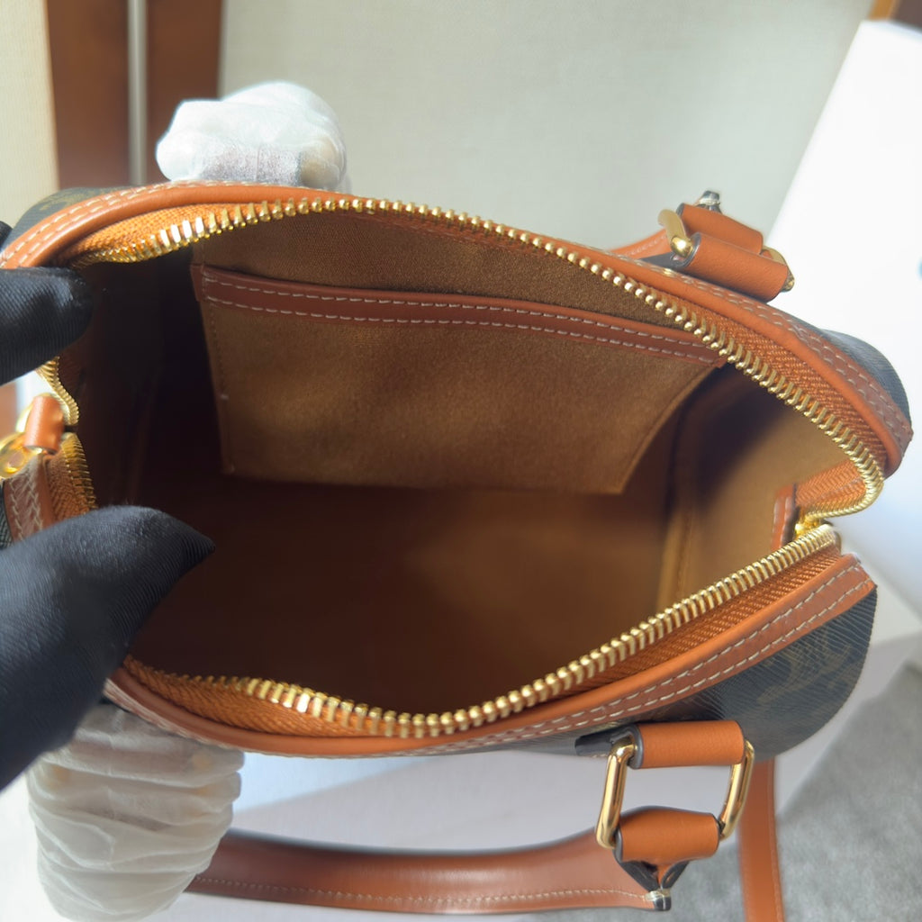 Celine Mini Boston Bag in Triomphe Canvas with Tan Leather Trim and Gold Hardware