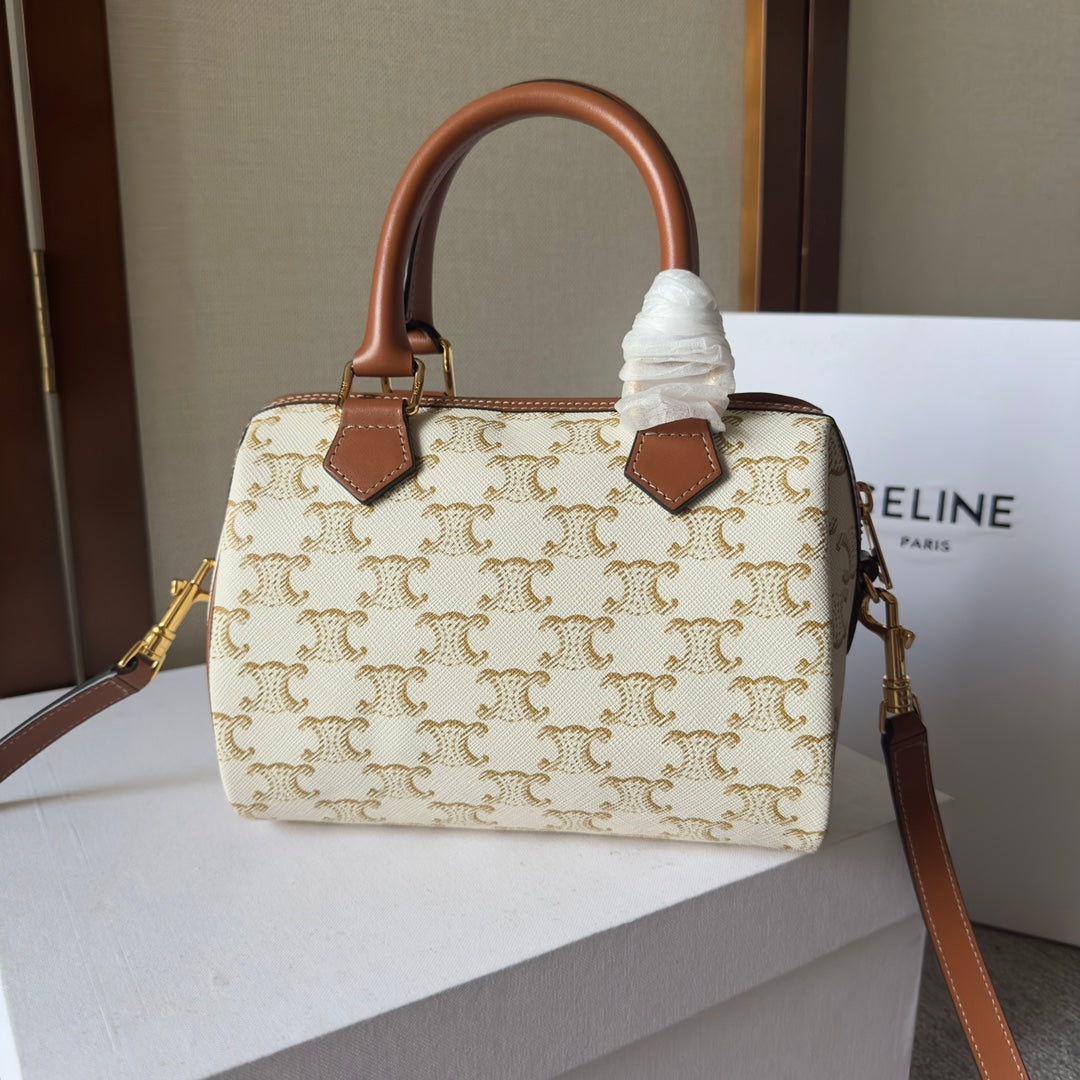 Celine Mini Boston Bag in Cream Triomphe Canvas with Tan Leather Trim and Gold Hardware