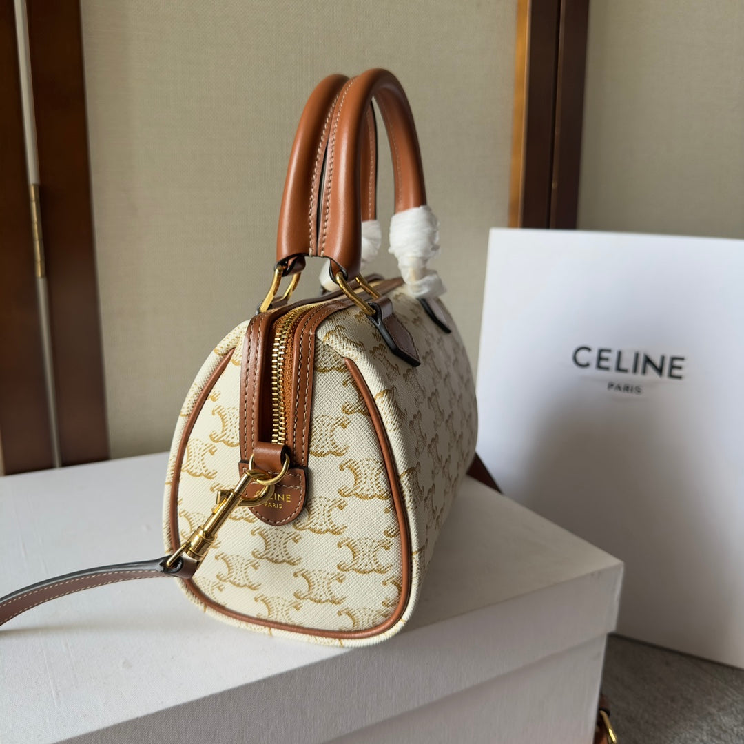 Celine Mini Boston Bag in Cream Triomphe Canvas with Tan Leather Trim and Gold Hardware