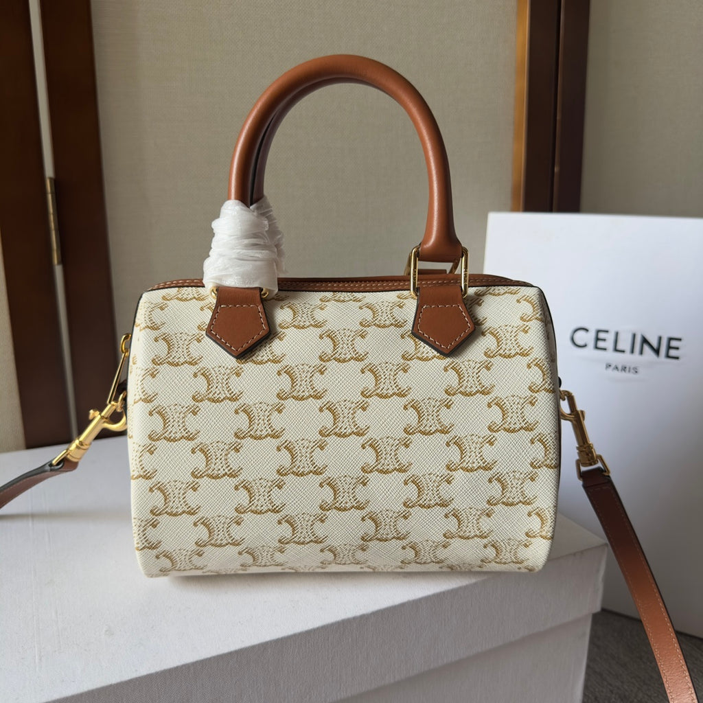 Celine Mini Boston Bag in Cream Triomphe Canvas with Tan Leather Trim and Gold Hardware