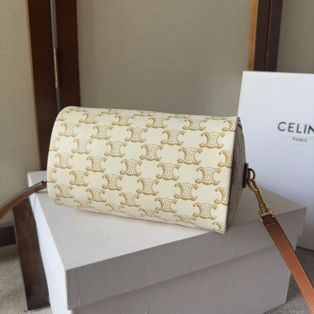 Celine Mini Boston Bag in Cream Triomphe Canvas with Tan Leather Trim and Gold Hardware