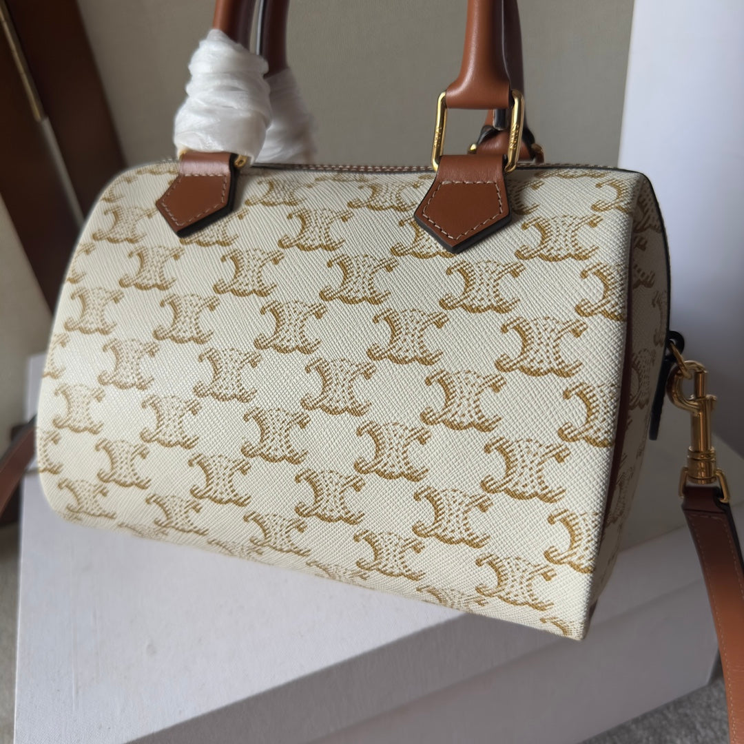 Celine Mini Boston Bag in Cream Triomphe Canvas with Tan Leather Trim and Gold Hardware