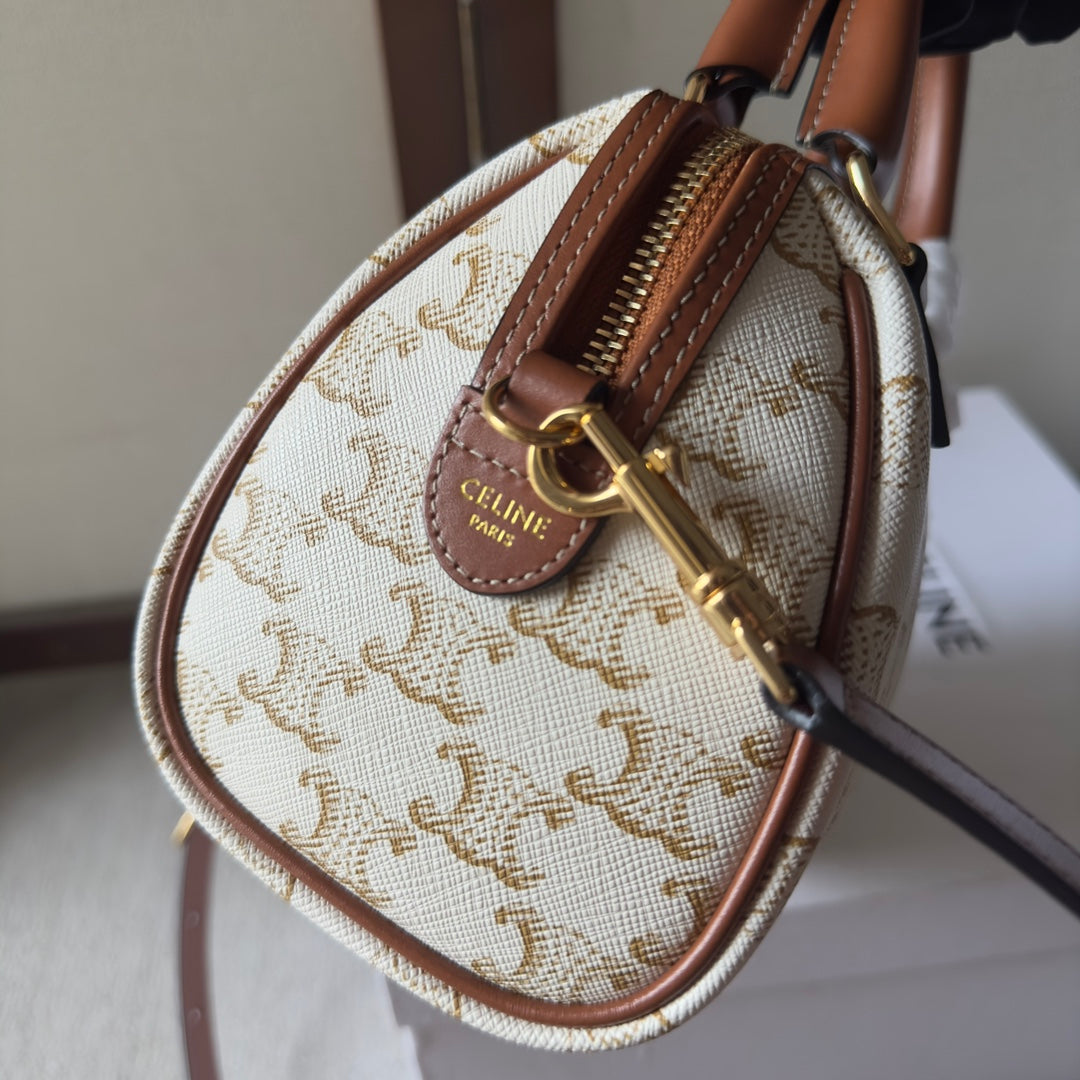 Celine Mini Boston Bag in Cream Triomphe Canvas with Tan Leather Trim and Gold Hardware