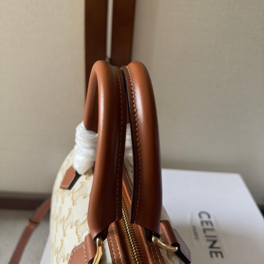 Celine Mini Boston Bag in Cream Triomphe Canvas with Tan Leather Trim and Gold Hardware