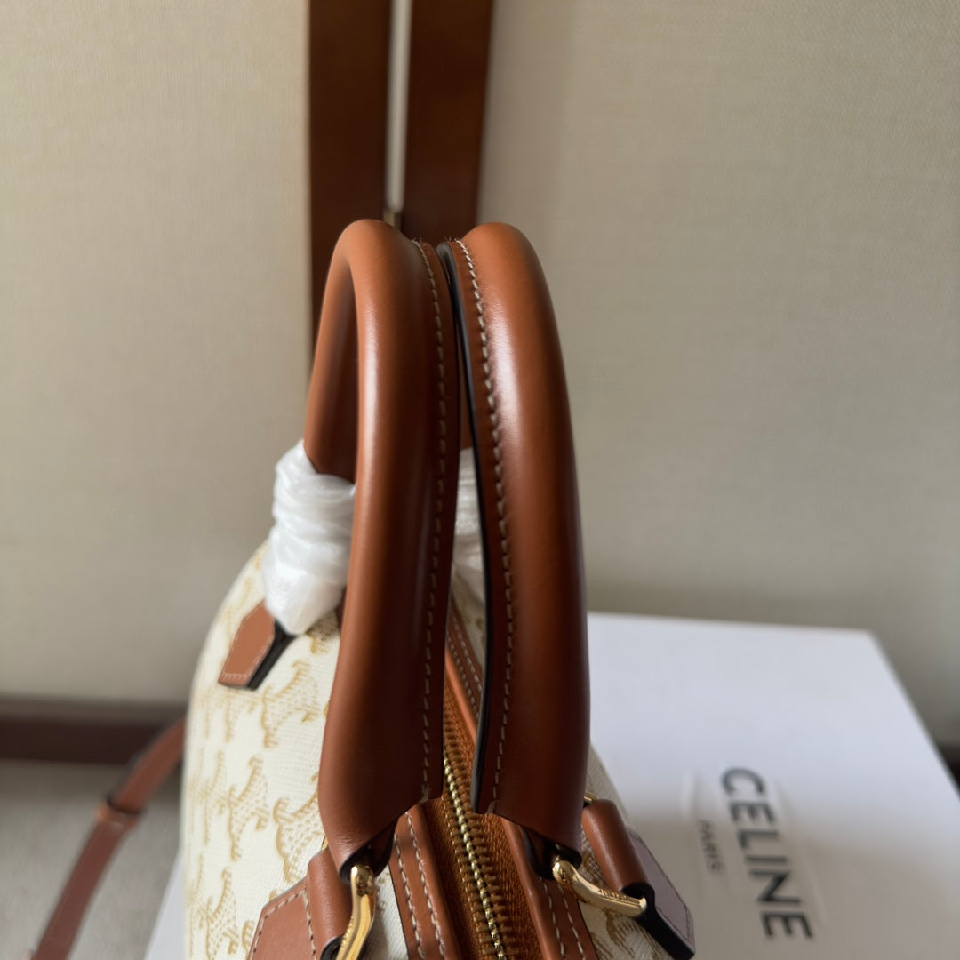 Celine Mini Boston Bag in Cream Triomphe Canvas with Tan Leather Trim and Gold Hardware