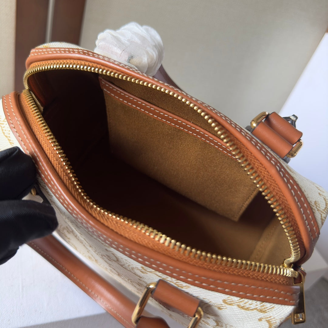 Celine Mini Boston Bag in Cream Triomphe Canvas with Tan Leather Trim and Gold Hardware