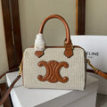 Celine Mini Boston Bag in Striped Textile with Tan Leather Trim and Maxi Triomphe Patch