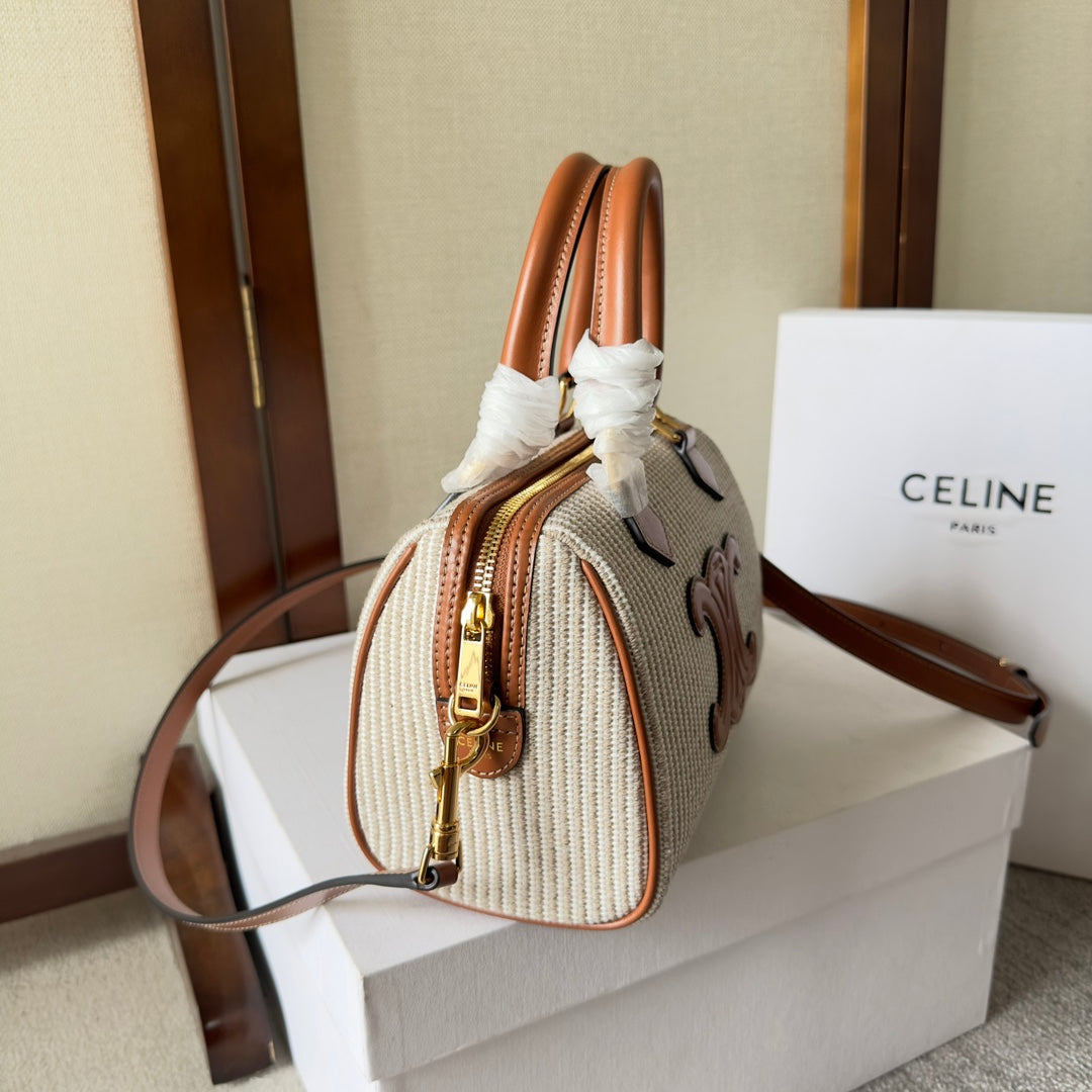 Celine Mini Boston Bag in Striped Textile with Tan Leather Trim and Maxi Triomphe Patch