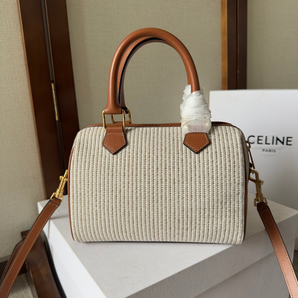 Celine Mini Boston Bag in Striped Textile with Tan Leather Trim and Maxi Triomphe Patch