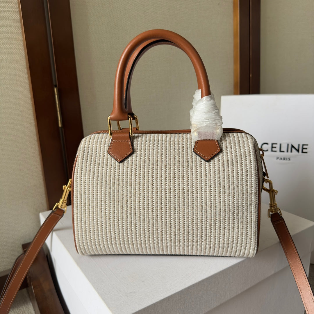 Celine Mini Boston Bag in Striped Textile with Tan Leather Trim and Maxi Triomphe Patch