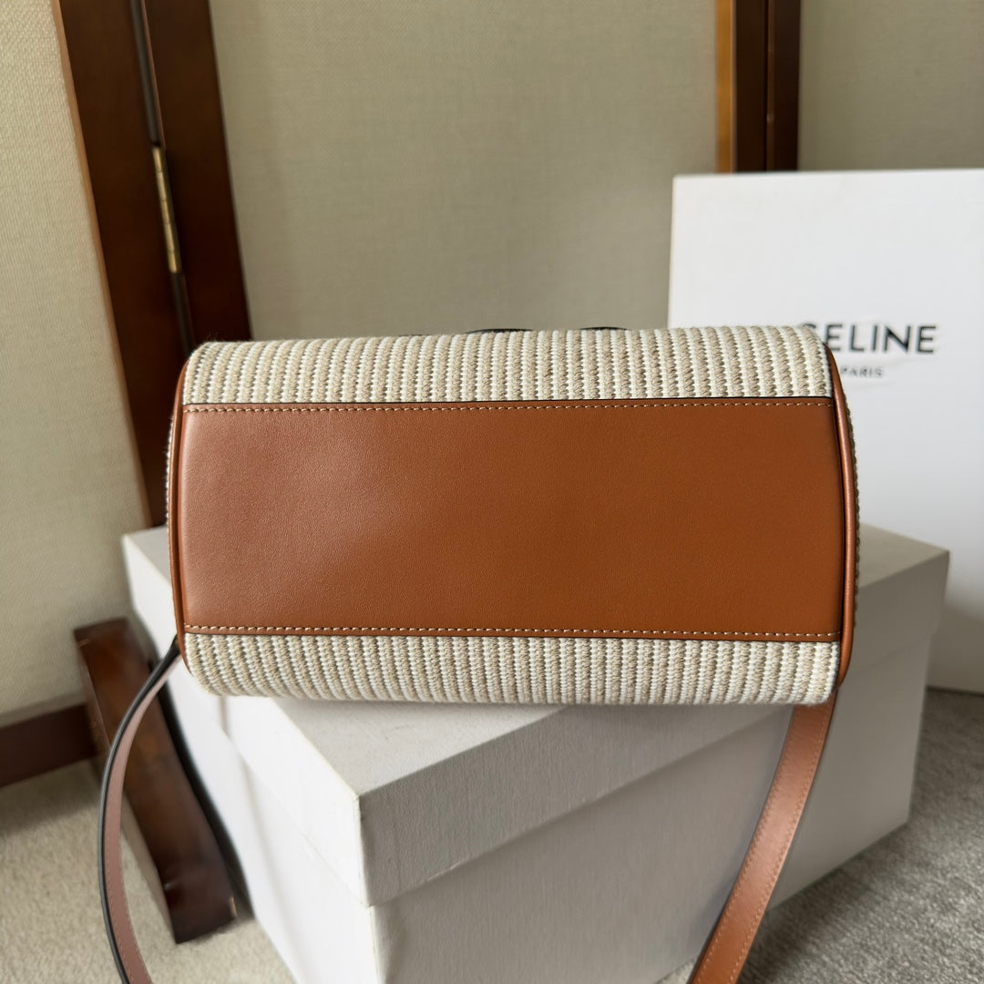 Celine Mini Boston Bag in Striped Textile with Tan Leather Trim and Maxi Triomphe Patch