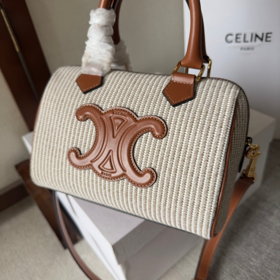Celine Mini Boston Bag in Striped Textile with Tan Leather Trim and Maxi Triomphe Patch