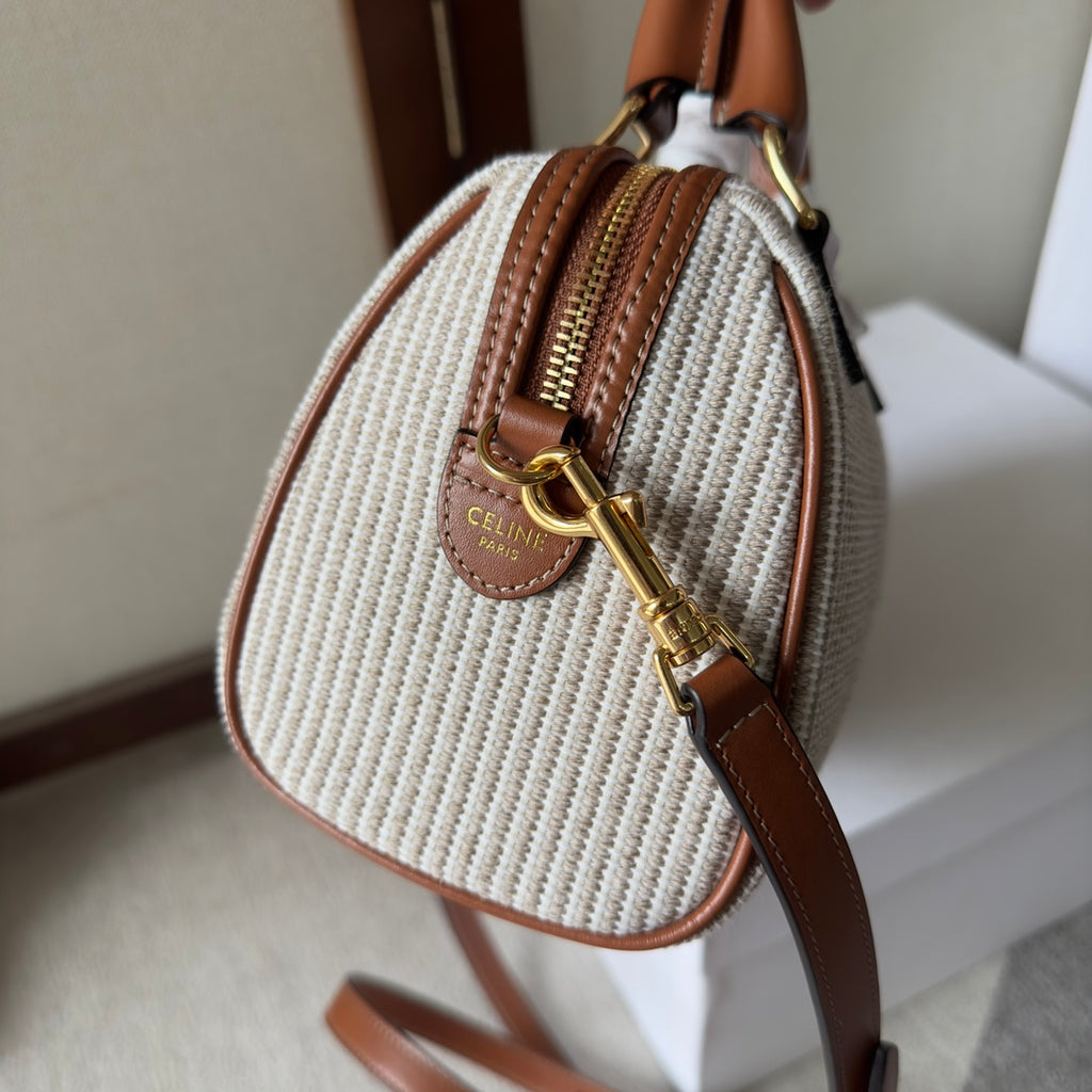 Celine Mini Boston Bag in Striped Textile with Tan Leather Trim and Maxi Triomphe Patch