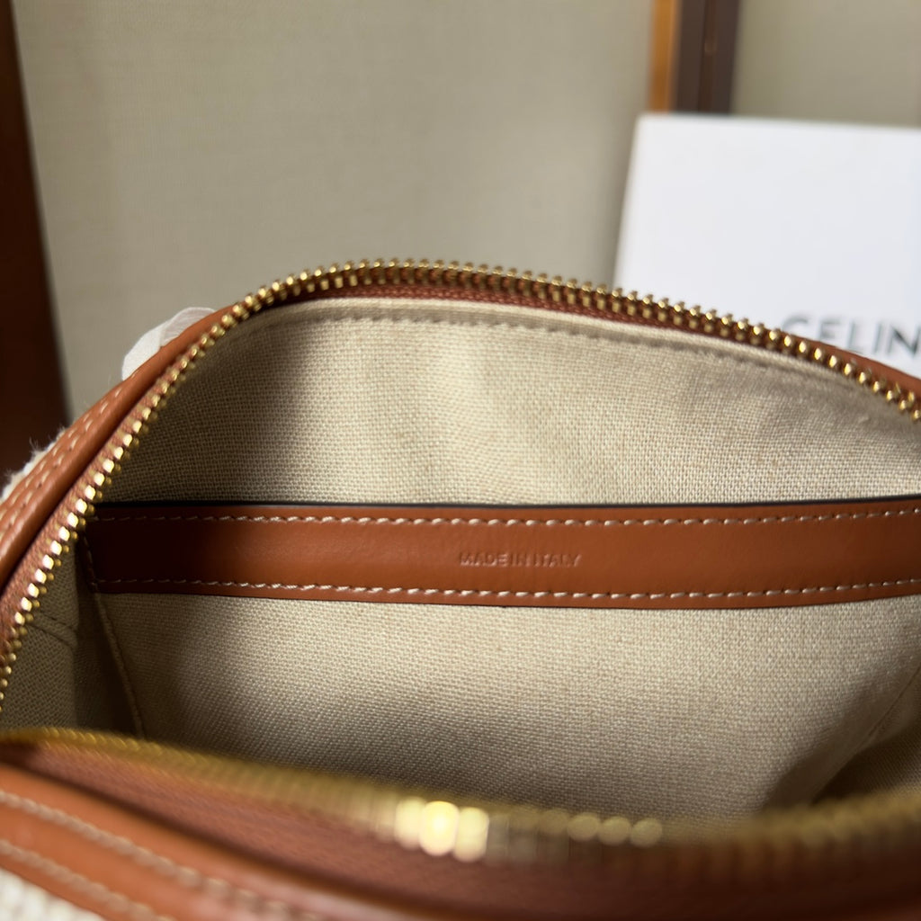 Celine Mini Boston Bag in Striped Textile with Tan Leather Trim and Maxi Triomphe Patch