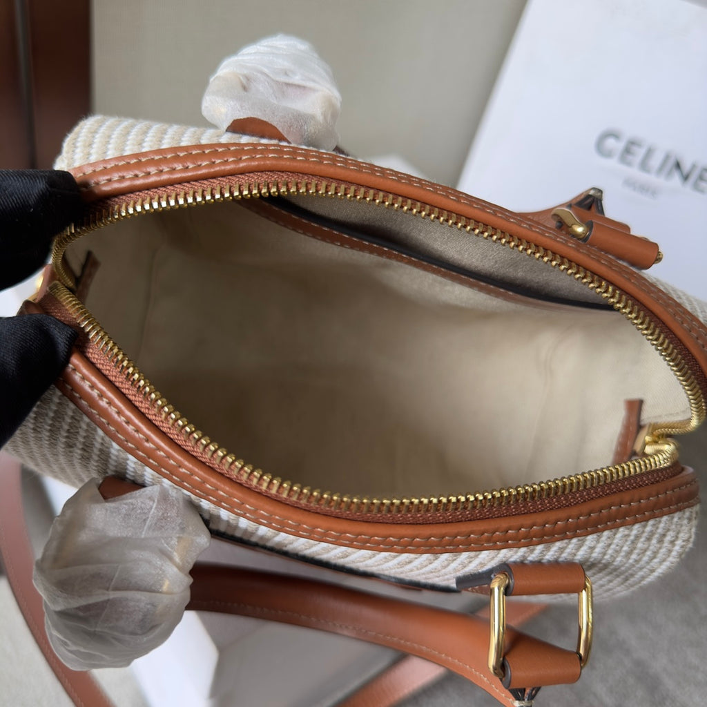Celine Mini Boston Bag in Striped Textile with Tan Leather Trim and Maxi Triomphe Patch