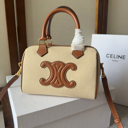 Celine Mini Boston Bag in Natural Linen Canvas with Tan Leather Trim and Maxi Triomphe Patch