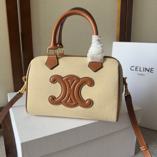 Celine Mini Boston Bag in Natural Linen Canvas with Tan Leather Trim and Maxi Triomphe Patch