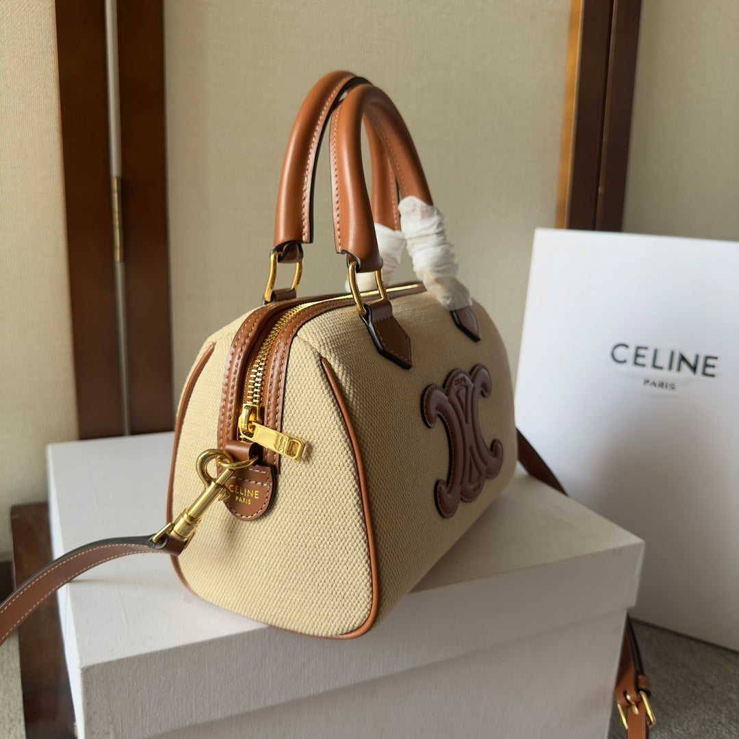 Celine Mini Boston Bag in Natural Linen Canvas with Tan Leather Trim and Maxi Triomphe Patch
