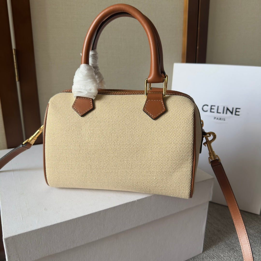 Celine Mini Boston Bag in Natural Linen Canvas with Tan Leather Trim and Maxi Triomphe Patch