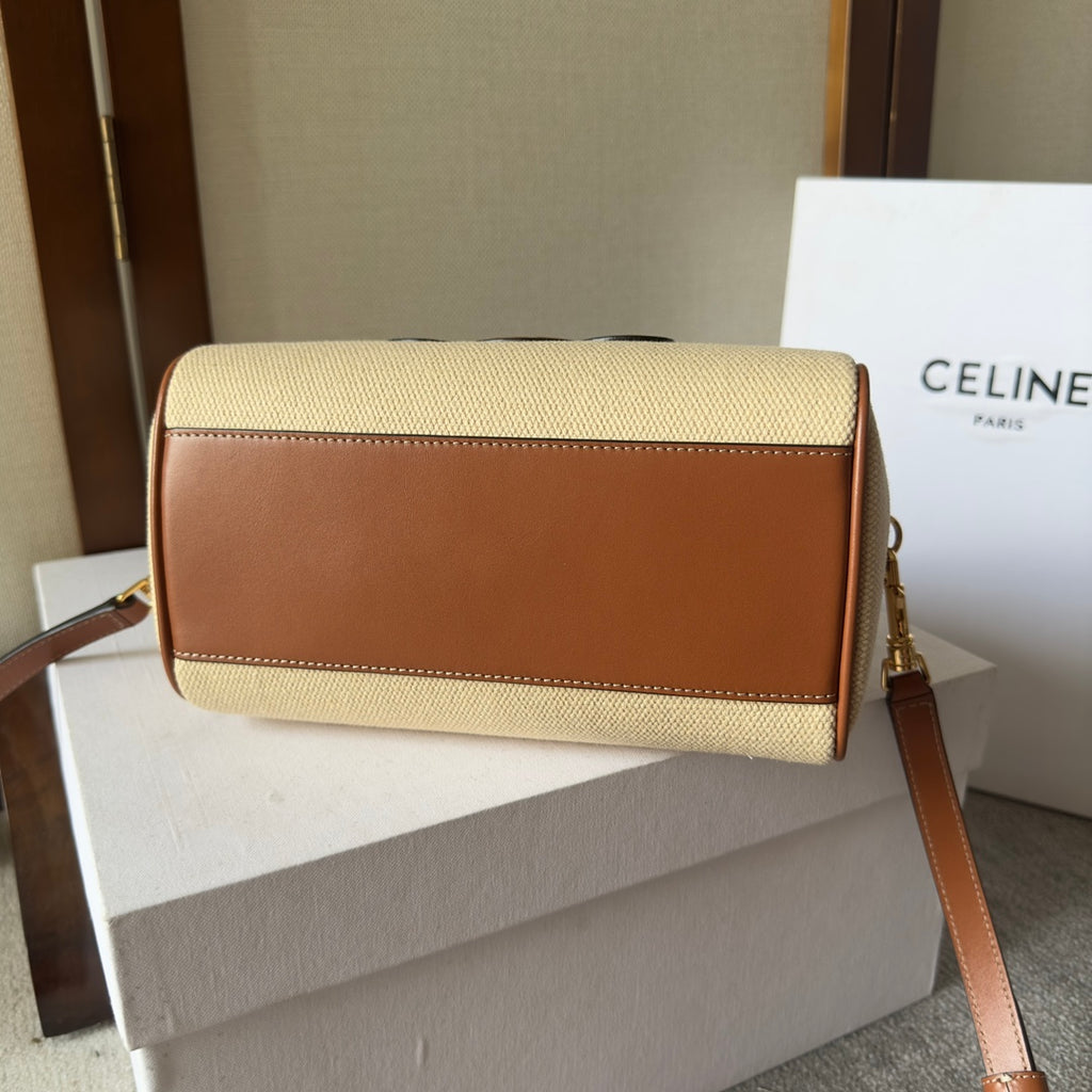 Celine Mini Boston Bag in Natural Linen Canvas with Tan Leather Trim and Maxi Triomphe Patch