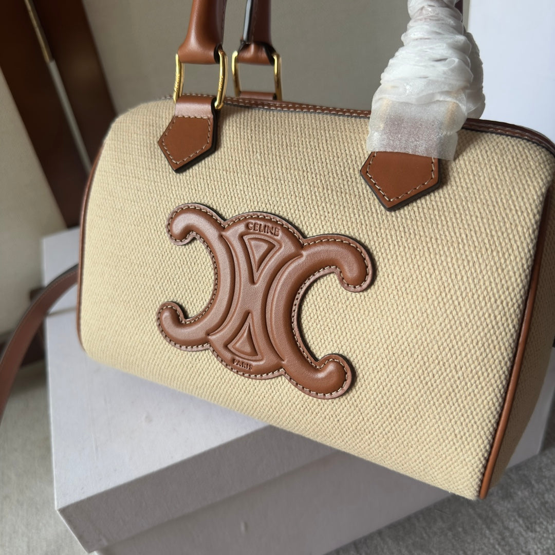Celine Mini Boston Bag in Natural Linen Canvas with Tan Leather Trim and Maxi Triomphe Patch