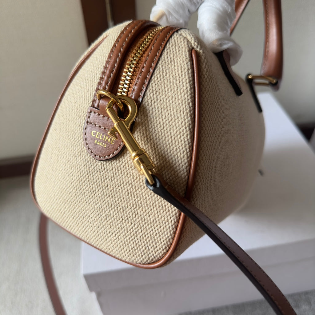 Celine Mini Boston Bag in Natural Linen Canvas with Tan Leather Trim and Maxi Triomphe Patch