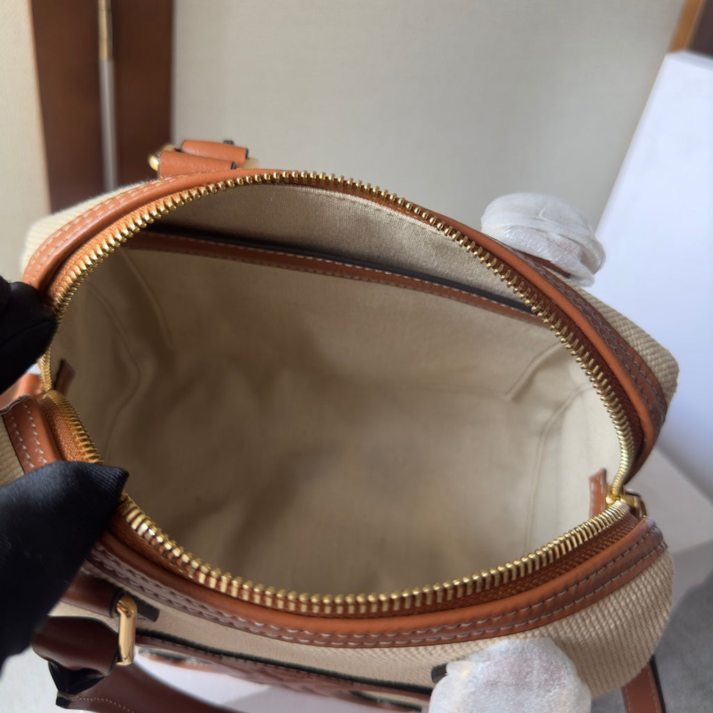 Celine Mini Boston Bag in Natural Linen Canvas with Tan Leather Trim and Maxi Triomphe Patch