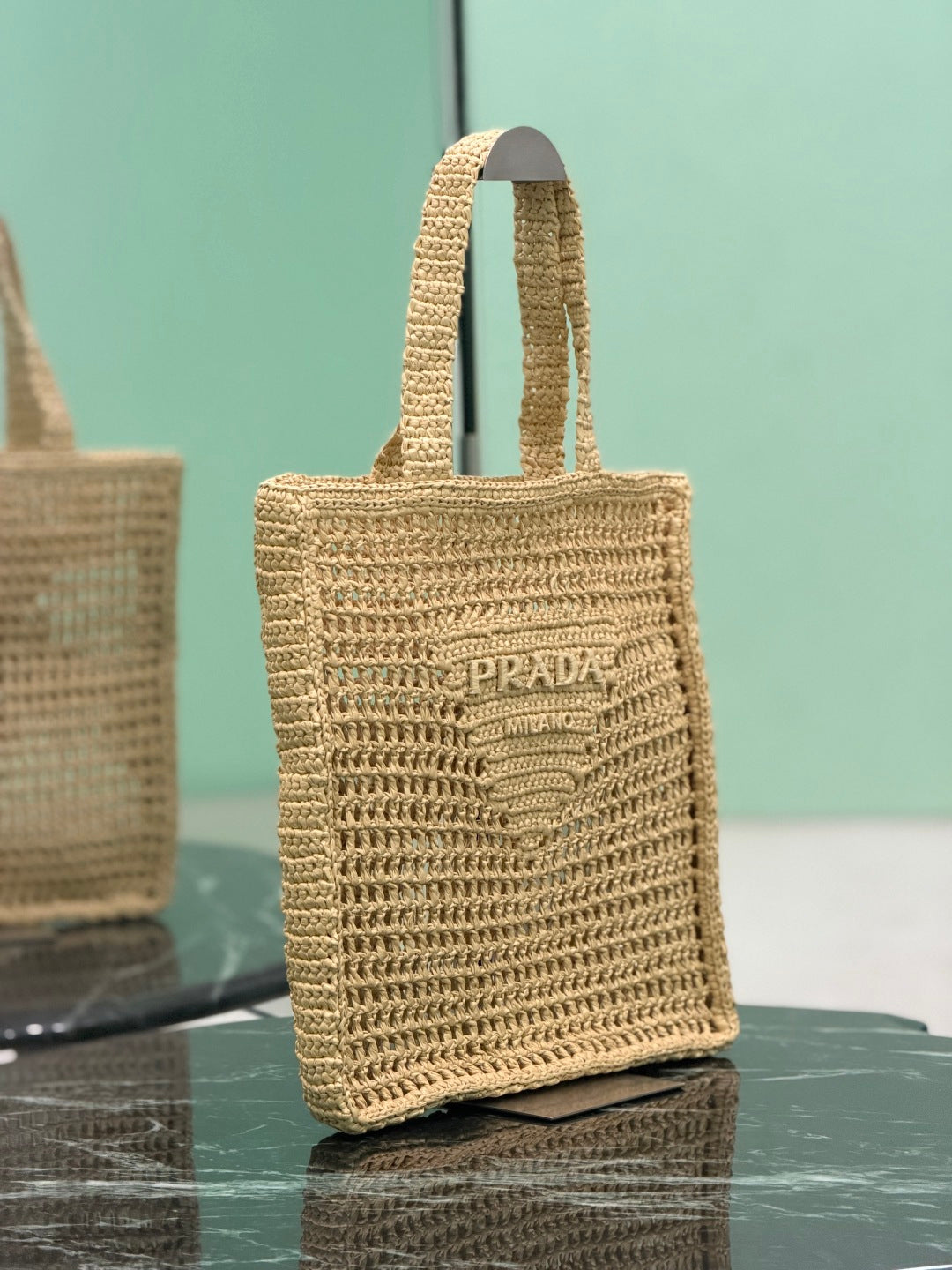 Prada Raffia Crochet Tote Bag with Embroidered Logo — Natural