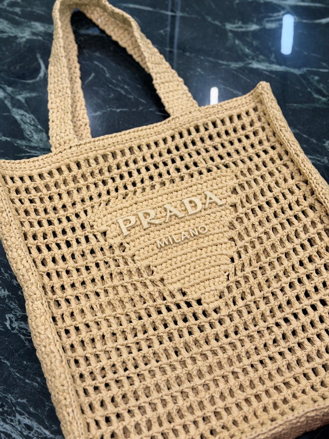 Prada Raffia Crochet Tote Bag with Embroidered Logo — Natural
