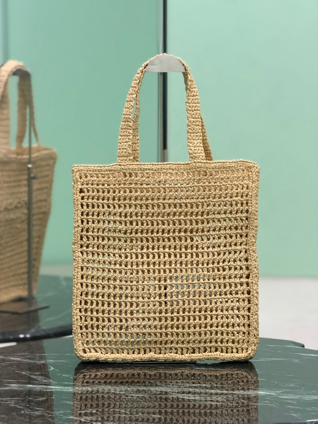 Prada Raffia Crochet Tote Bag with Embroidered Logo — Natural
