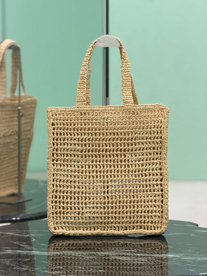 Prada Raffia Crochet Tote Bag with Embroidered Logo — Natural