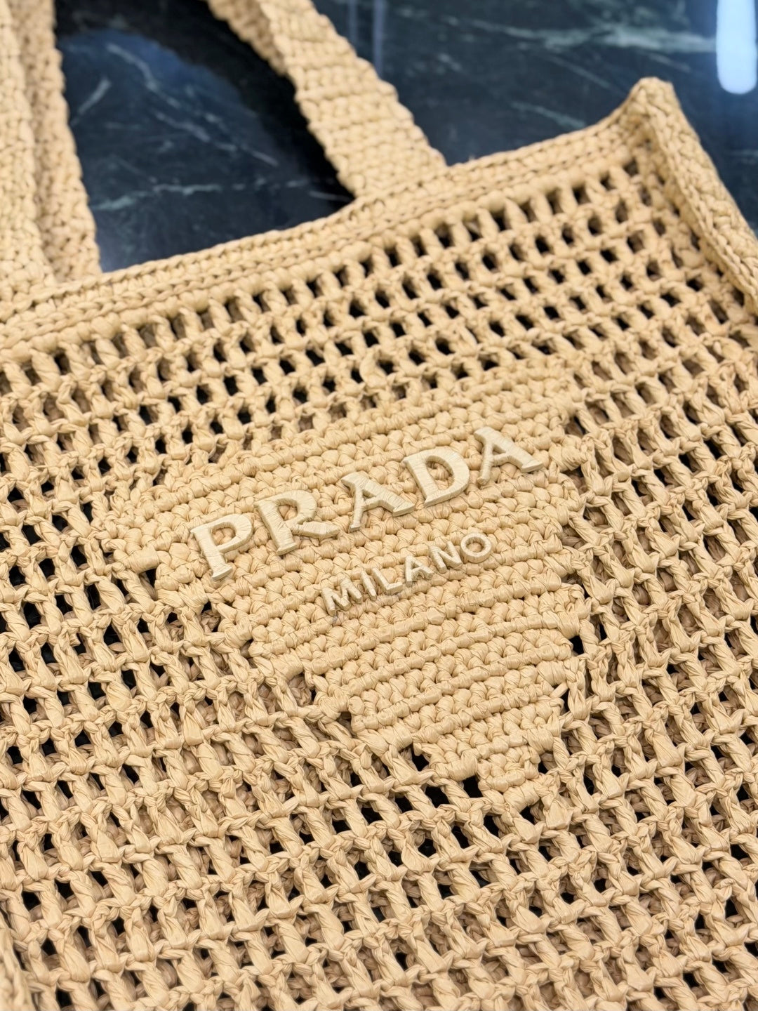 Prada Raffia Crochet Tote Bag with Embroidered Logo — Natural