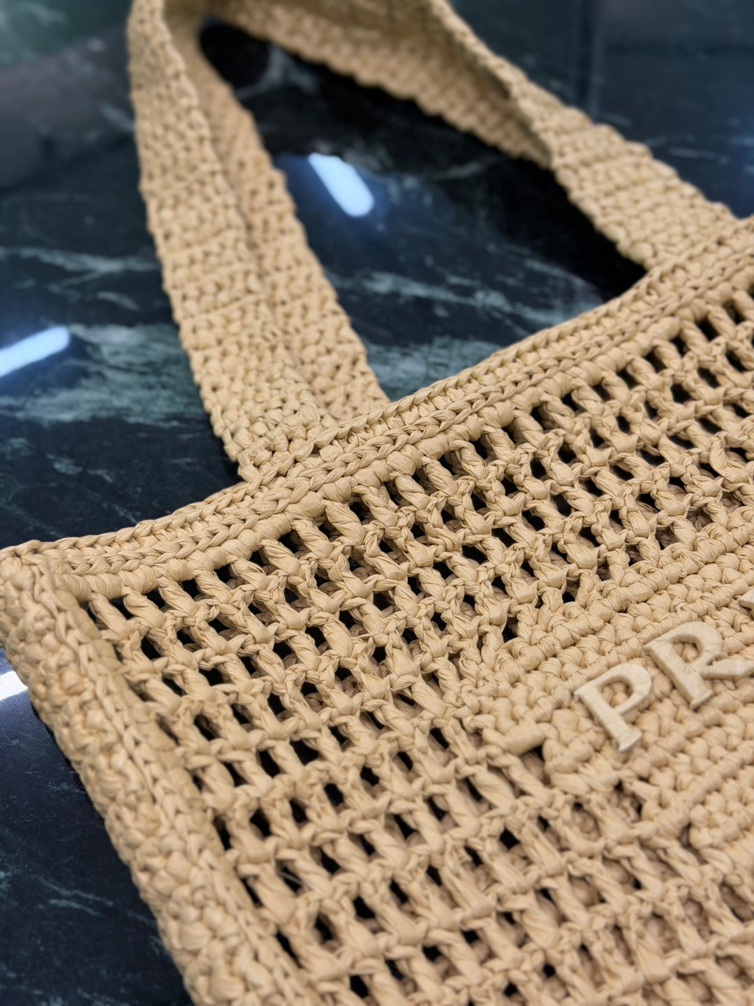 Prada Raffia Crochet Tote Bag with Embroidered Logo — Natural