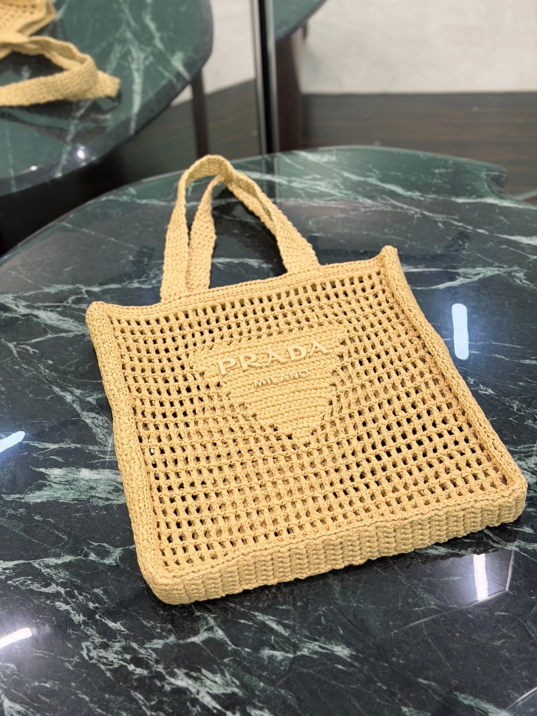 Prada Raffia Crochet Tote Bag with Embroidered Logo — Natural