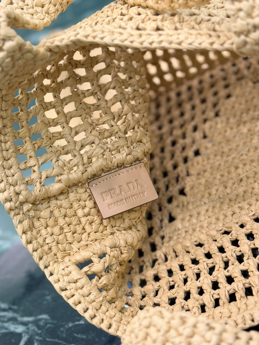 Prada Raffia Crochet Tote Bag with Embroidered Logo — Natural