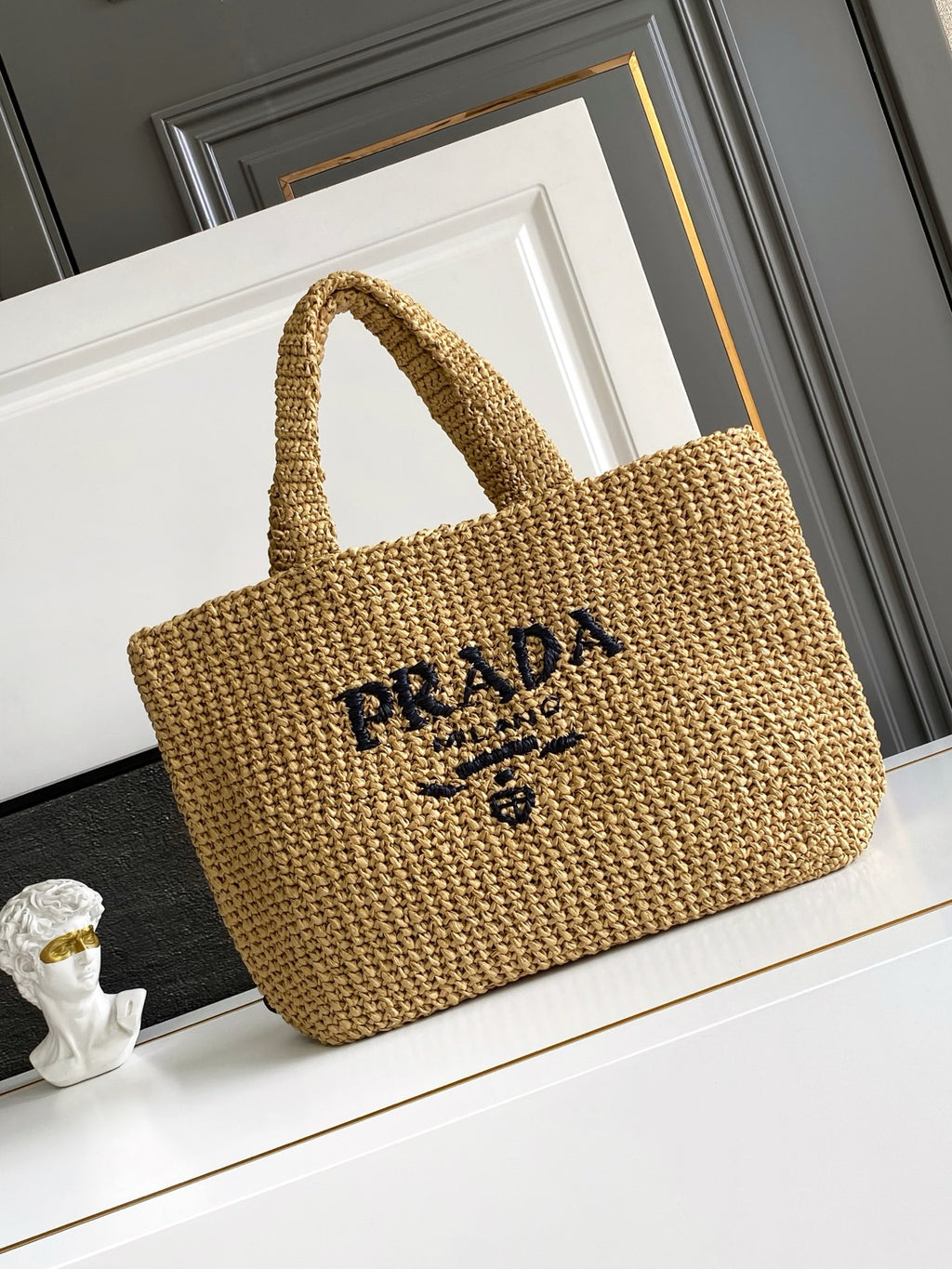 Prada Large Raffia Crochet Tote Bag with Embroidered Logo — Natural