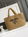 Prada Large Raffia Crochet Tote Bag with Embroidered Logo — Natural