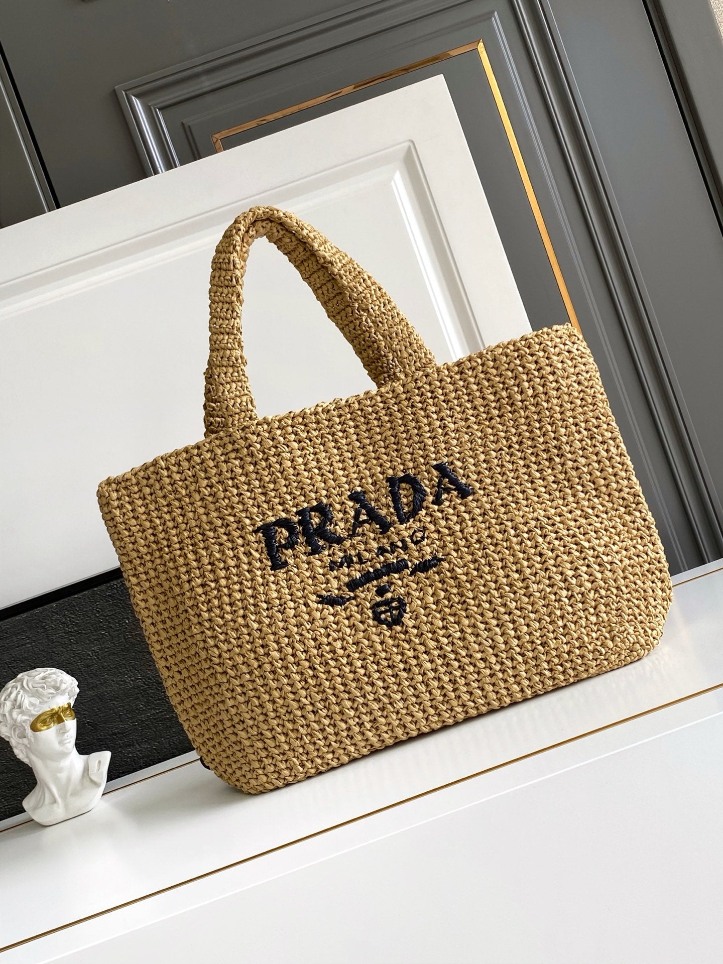Prada Large Raffia Crochet Tote Bag with Embroidered Logo — Natural