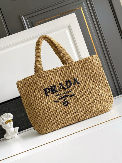 Prada Large Raffia Crochet Tote Bag with Embroidered Logo — Natural