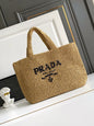 Prada Large Raffia Crochet Tote Bag with Embroidered Logo — Natural