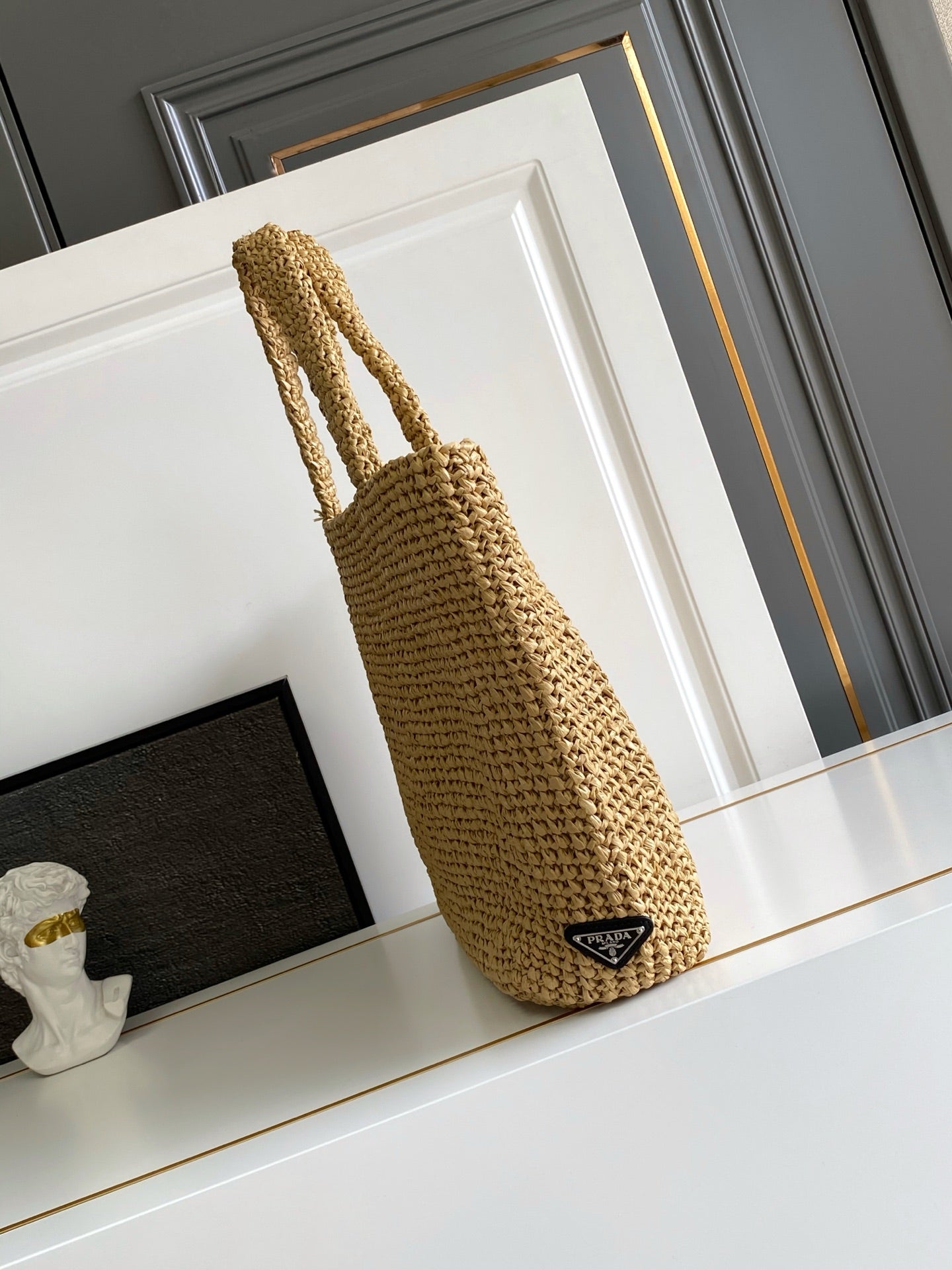 Prada Large Raffia Crochet Tote Bag with Embroidered Logo — Natural