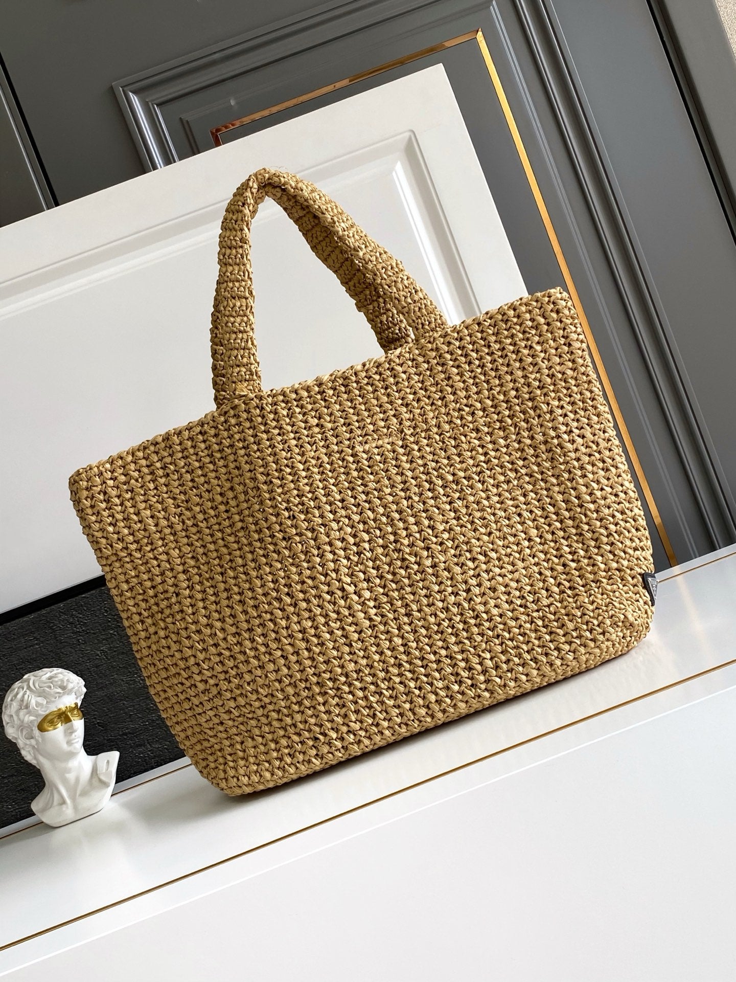Prada Large Raffia Crochet Tote Bag with Embroidered Logo — Natural