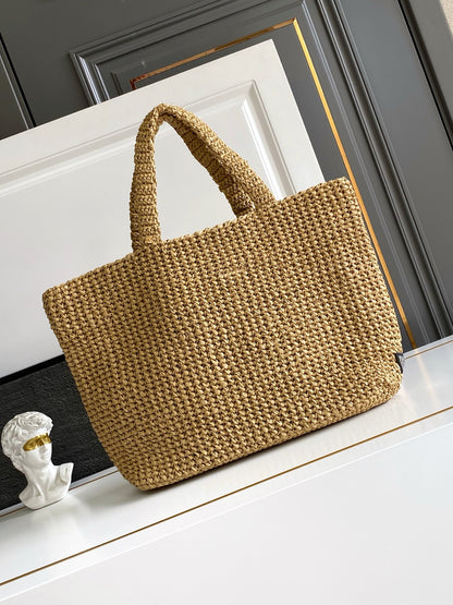 Prada Large Raffia Crochet Tote Bag with Embroidered Logo — Natural