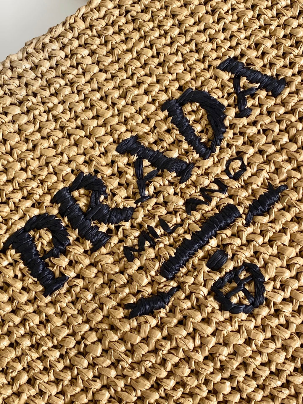 Prada Large Raffia Crochet Tote Bag with Embroidered Logo — Natural